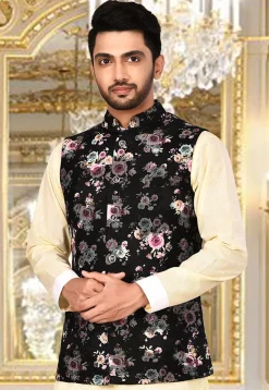 Plain Polyester Lycra Nehru Jacket in Black
