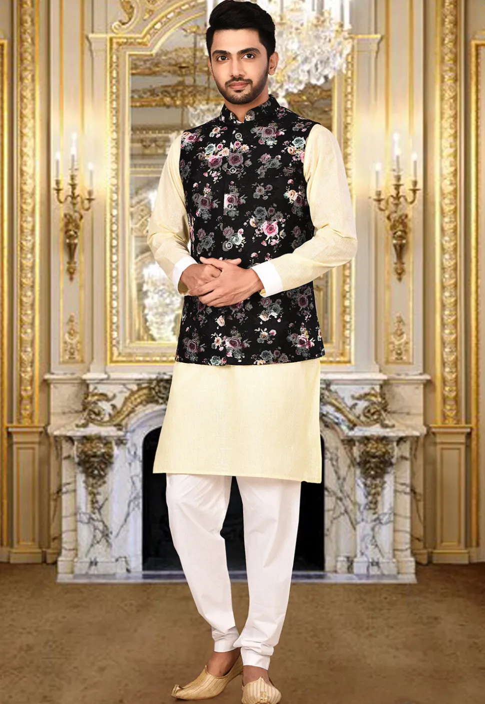 Plain Polyester Lycra Nehru Jacket in Black
