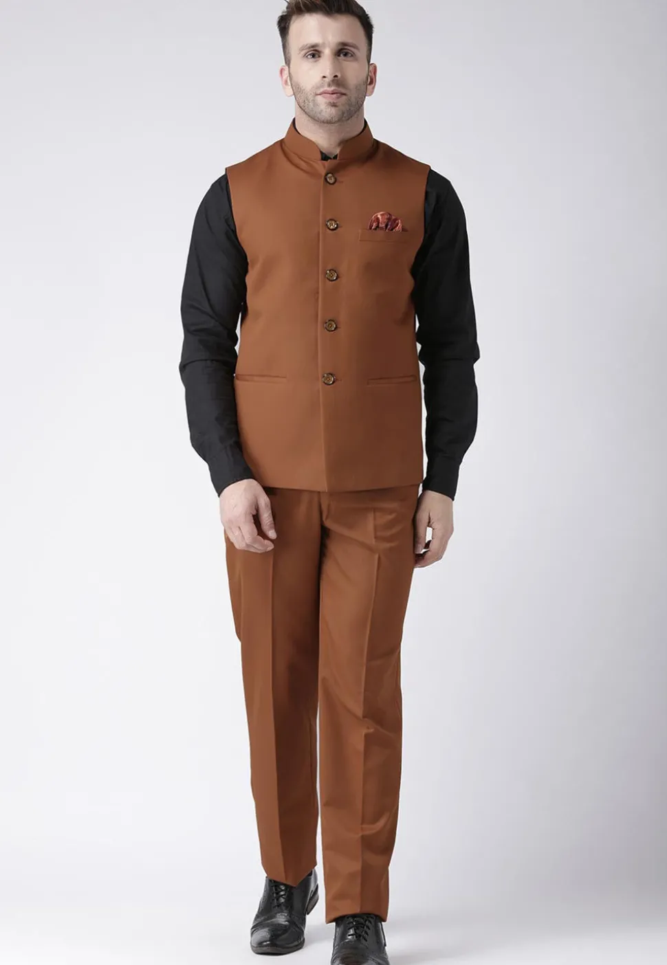 Plain Polyester Viscose Nehru Jacket in Brown