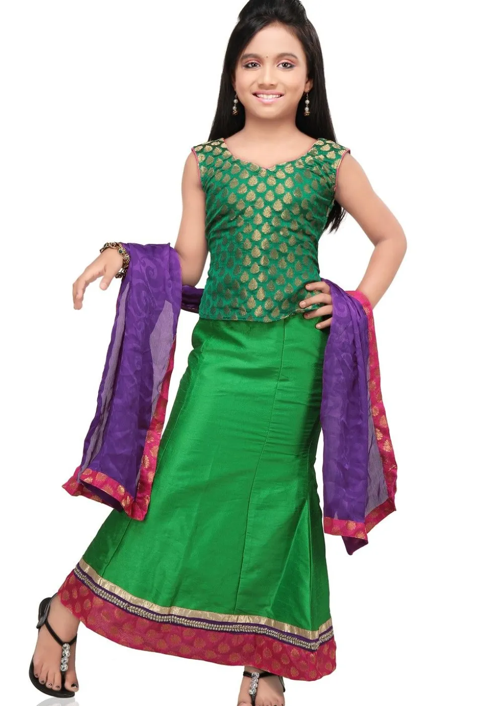 Plain Raw Silk Lehenga Set in Green