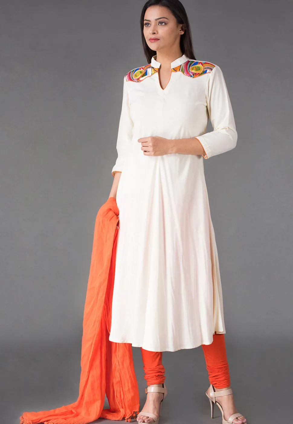 Plain Rayon Anarkali Suit in Off White