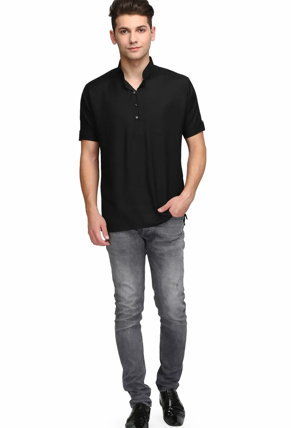 Plain Rayon Short Kurta in Black