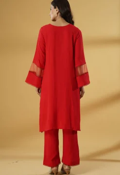 Plain Rayon Straight Kurta Set in Red
