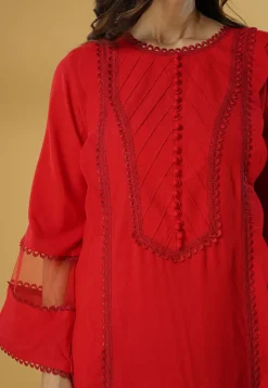 Plain Rayon Straight Kurta Set in Red