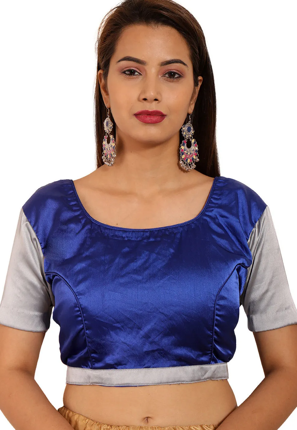 Plain Satin Blouse in Royal Blue and Grey