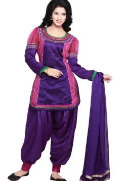Plain Straight Cut Dupion Silk and Crepe Suit in Purple and Pink