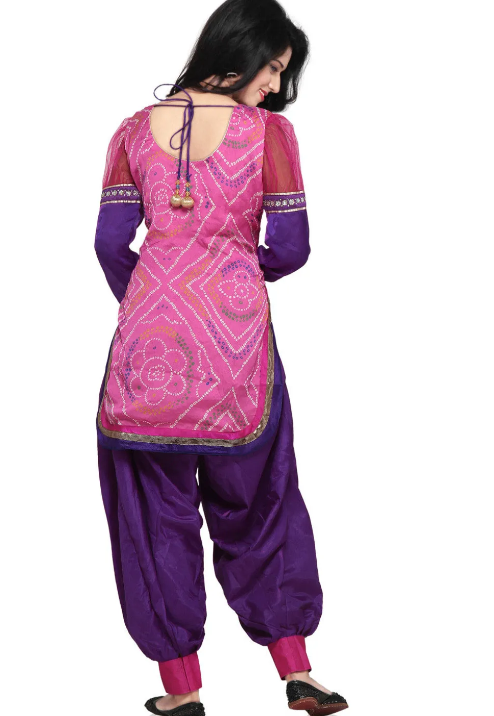 Plain Straight Cut Dupion Silk and Crepe Suit in Purple and Pink