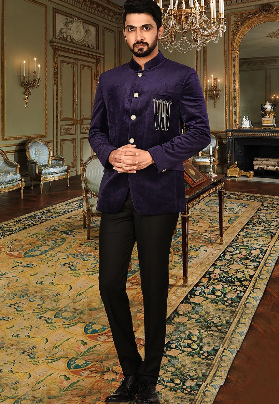 Plain Suede Coat N Pant in Indigo Blue