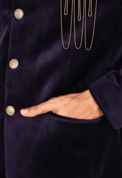 Plain Suede Coat N Pant in Indigo Blue