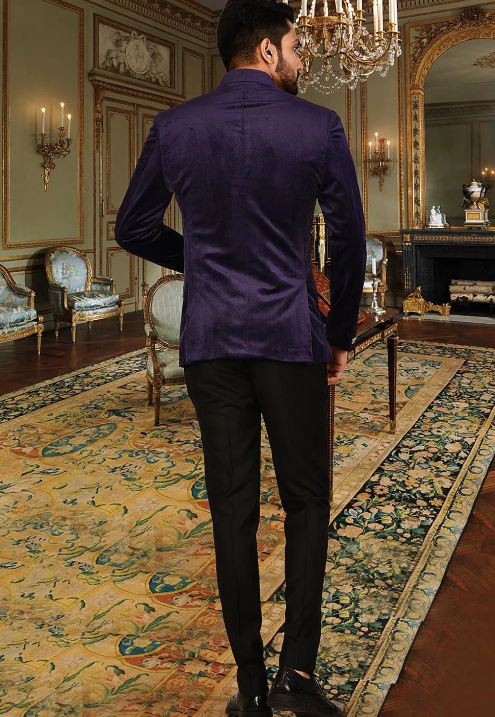 Plain Suede Coat N Pant in Indigo Blue