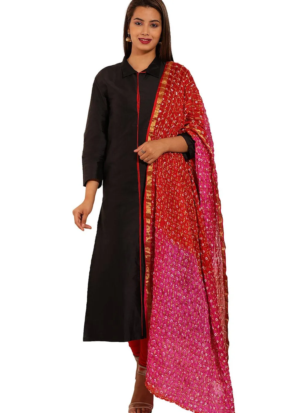 Plain Taffeta Silk Straight Suit in Black