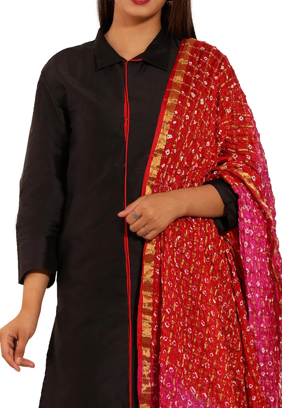 Plain Taffeta Silk Straight Suit in Black