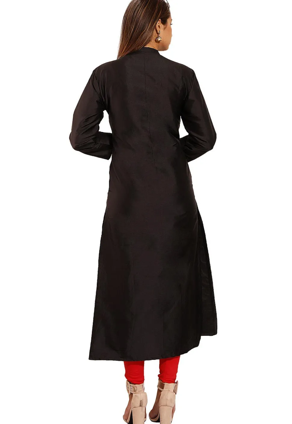 Plain Taffeta Silk Straight Suit in Black