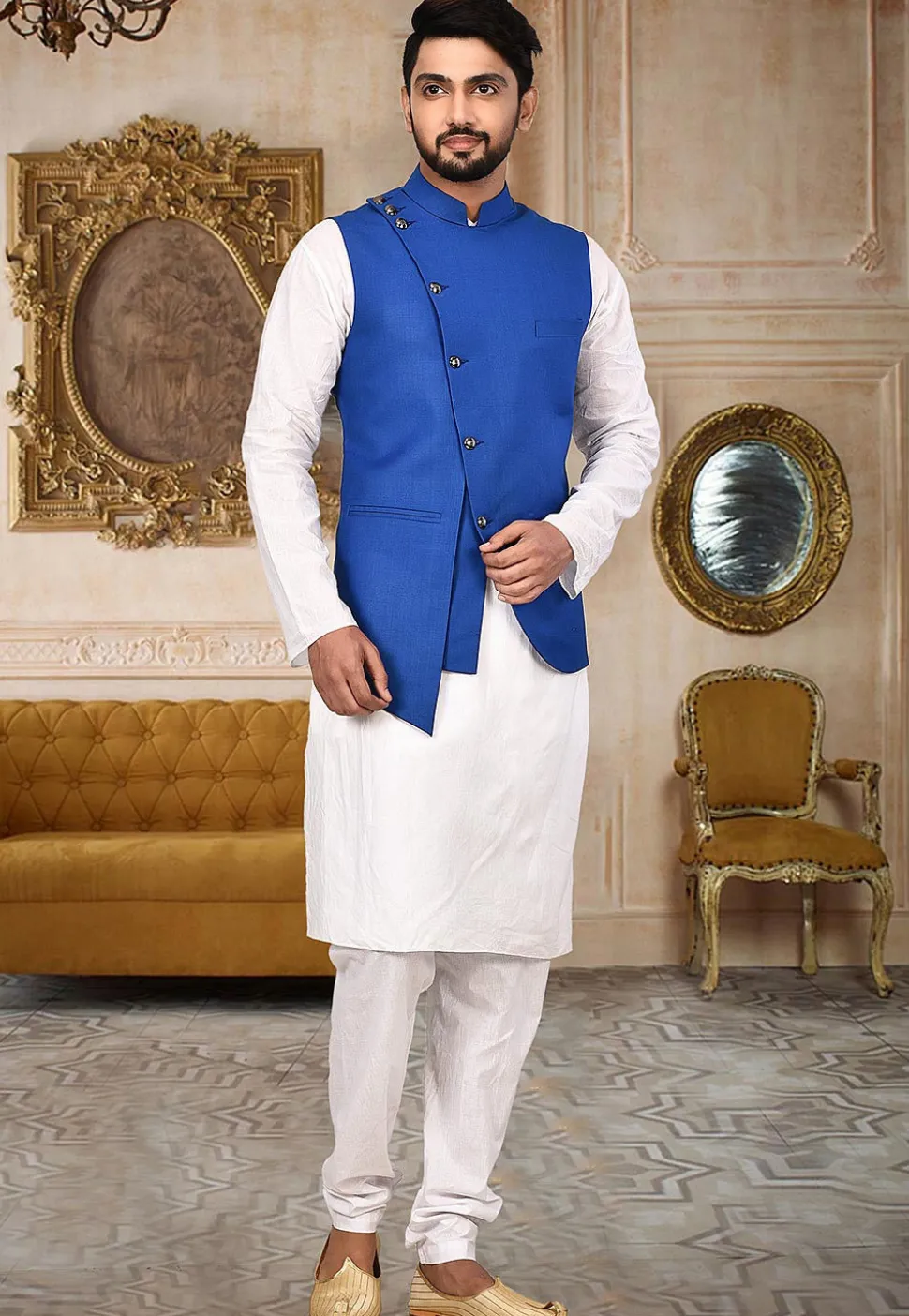 Plain Terry Rayon Nehru Jacket in Royal Blue