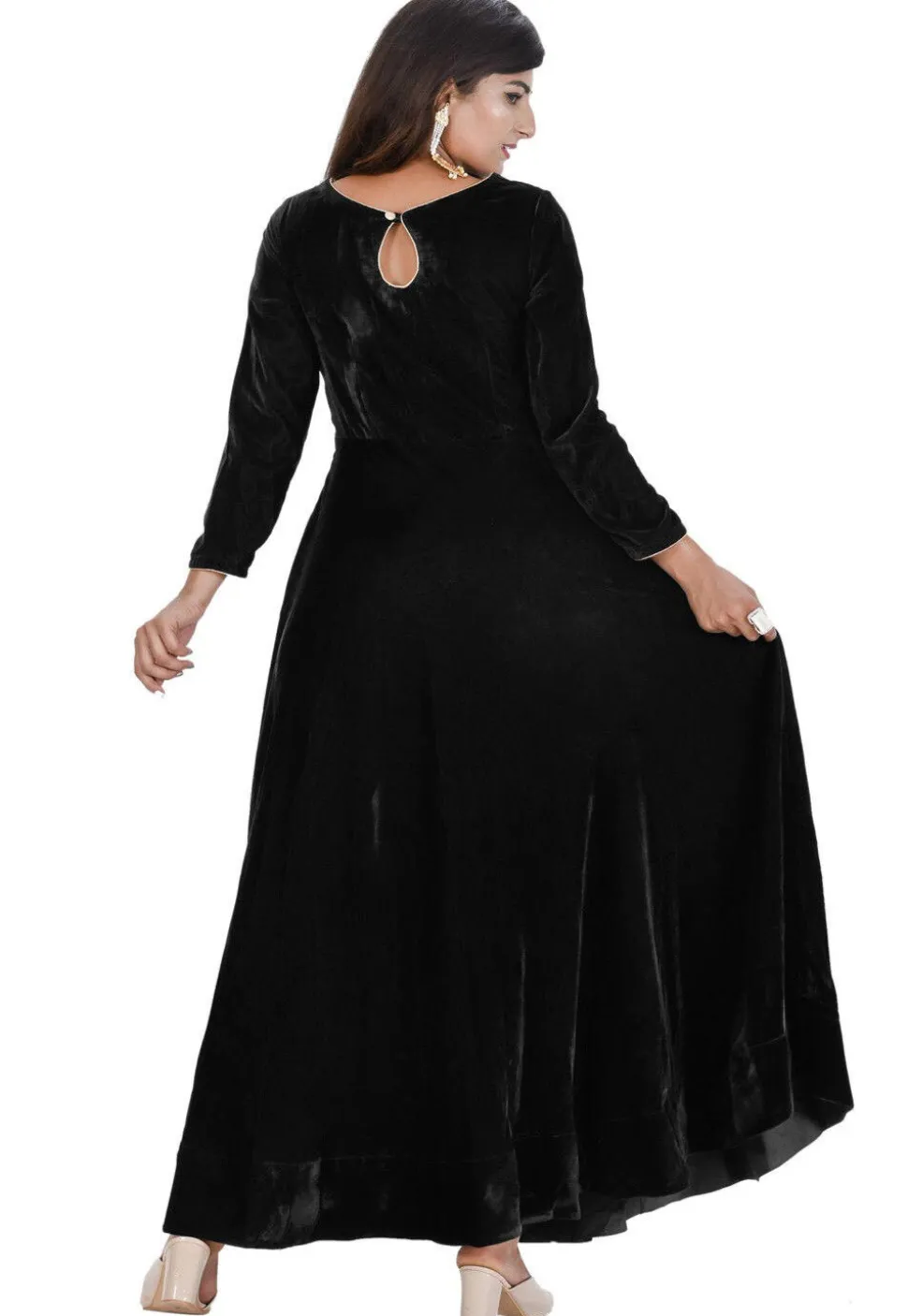 Plain Velvet Front Slit Long Kurta Set in Black