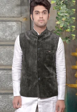 Plain Velvet Nehru Jacket in Dark Grey
