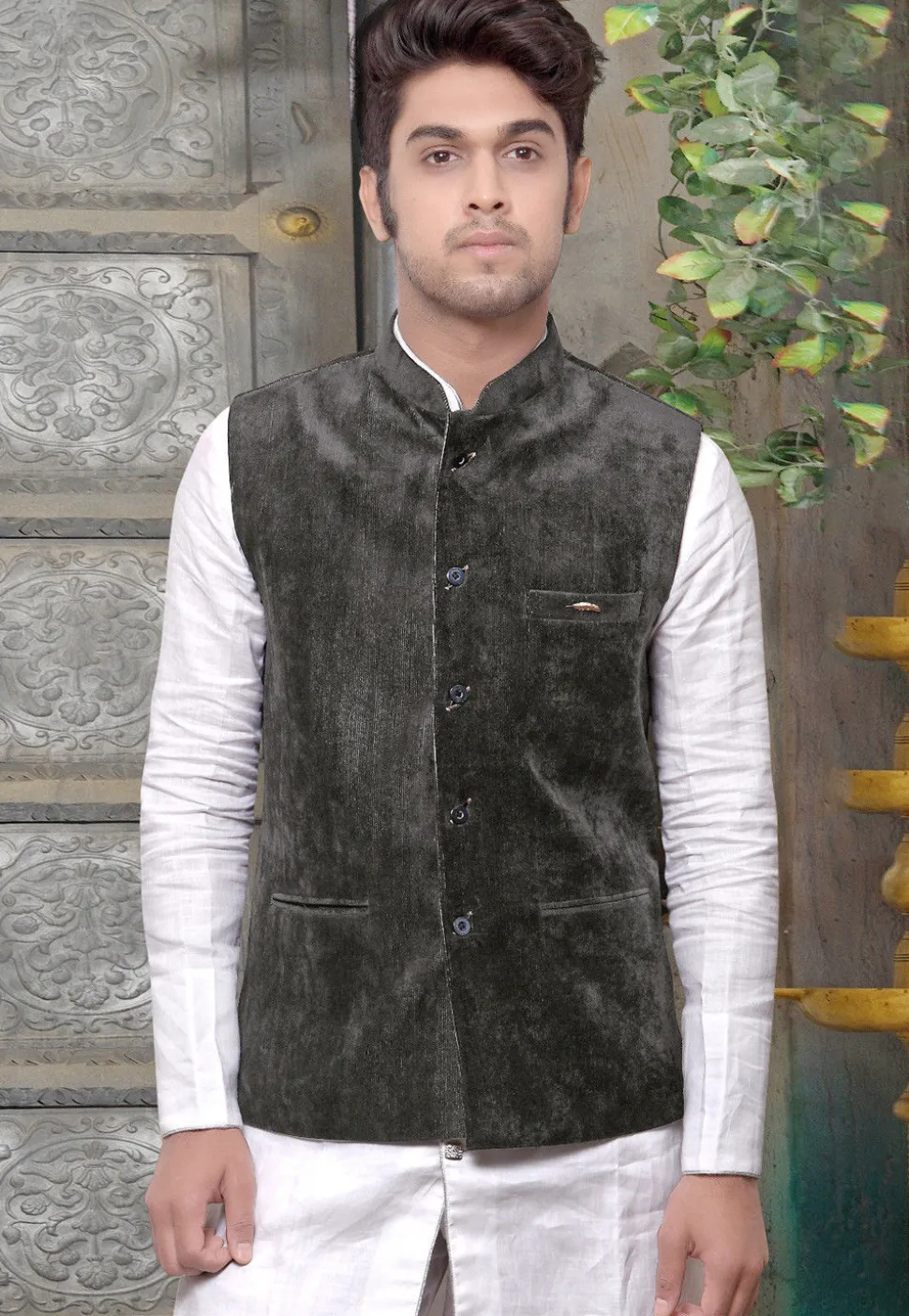 Plain Velvet Nehru Jacket in Dark Grey