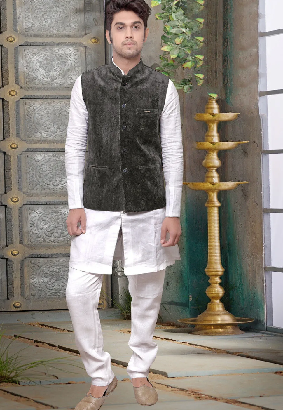 Plain Velvet Nehru Jacket in Dark Grey
