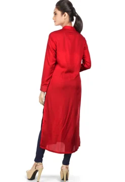 Plain Viscose Long Kurta in Red
