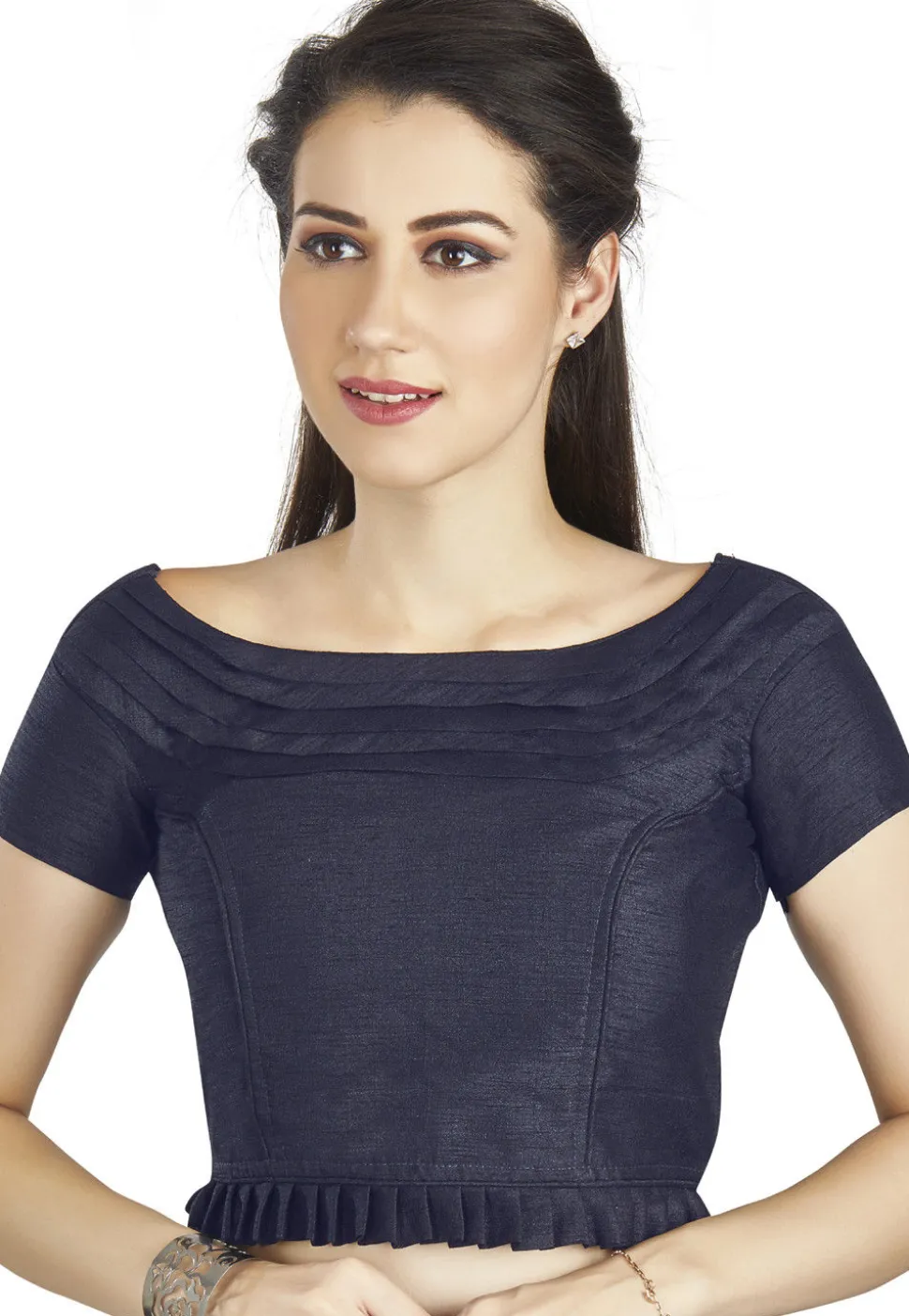 Pleated Art Silk Blouse in Navy Blue