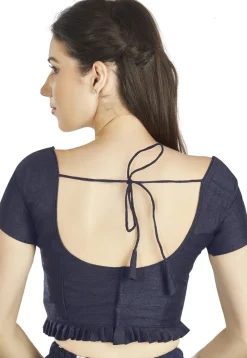 Pleated Art Silk Blouse in Navy Blue