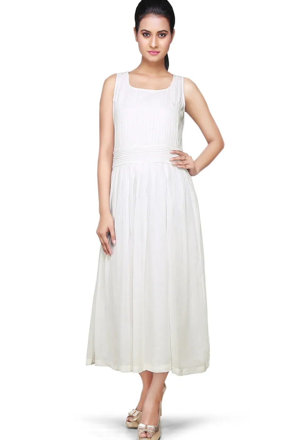 Pleated Georgette Maxi Dress In Off White