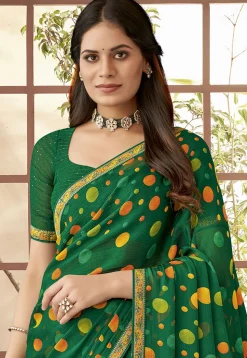 Polka Dot Printed Georgette Saree in Green