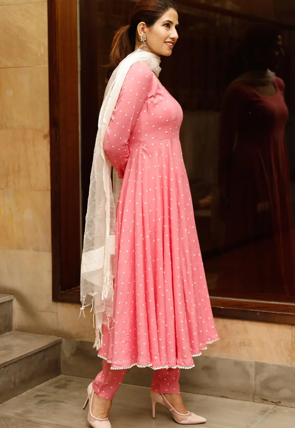 Polka Dotted Rayon Anarkali Suit in Pink