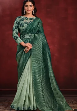 Pre Stitched Art Silk Accordian Saree in Green