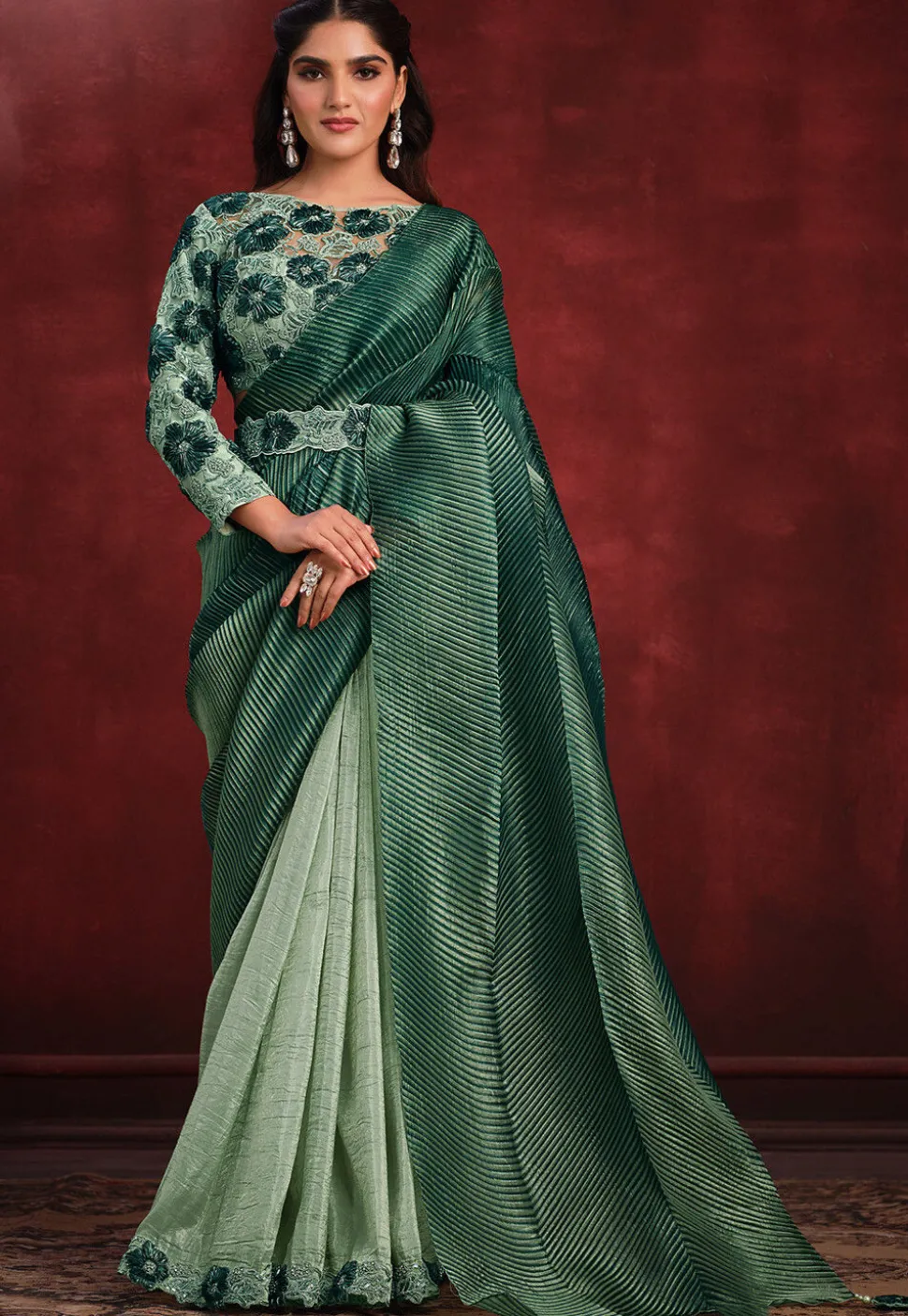 Pre Stitched Art Silk Accordian Saree in Green