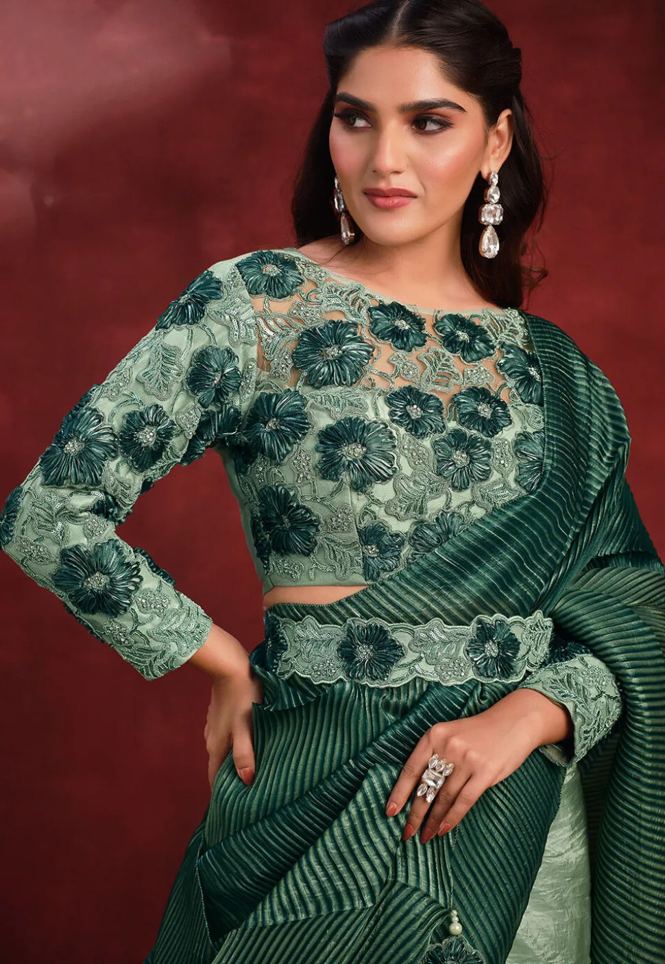 Pre Stitched Art Silk Accordian Saree in Green