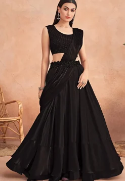 Pre Stitched Art Silk Lehenga Style Saree in Black