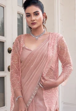Pre Stitched Art Silk Saree in Peach