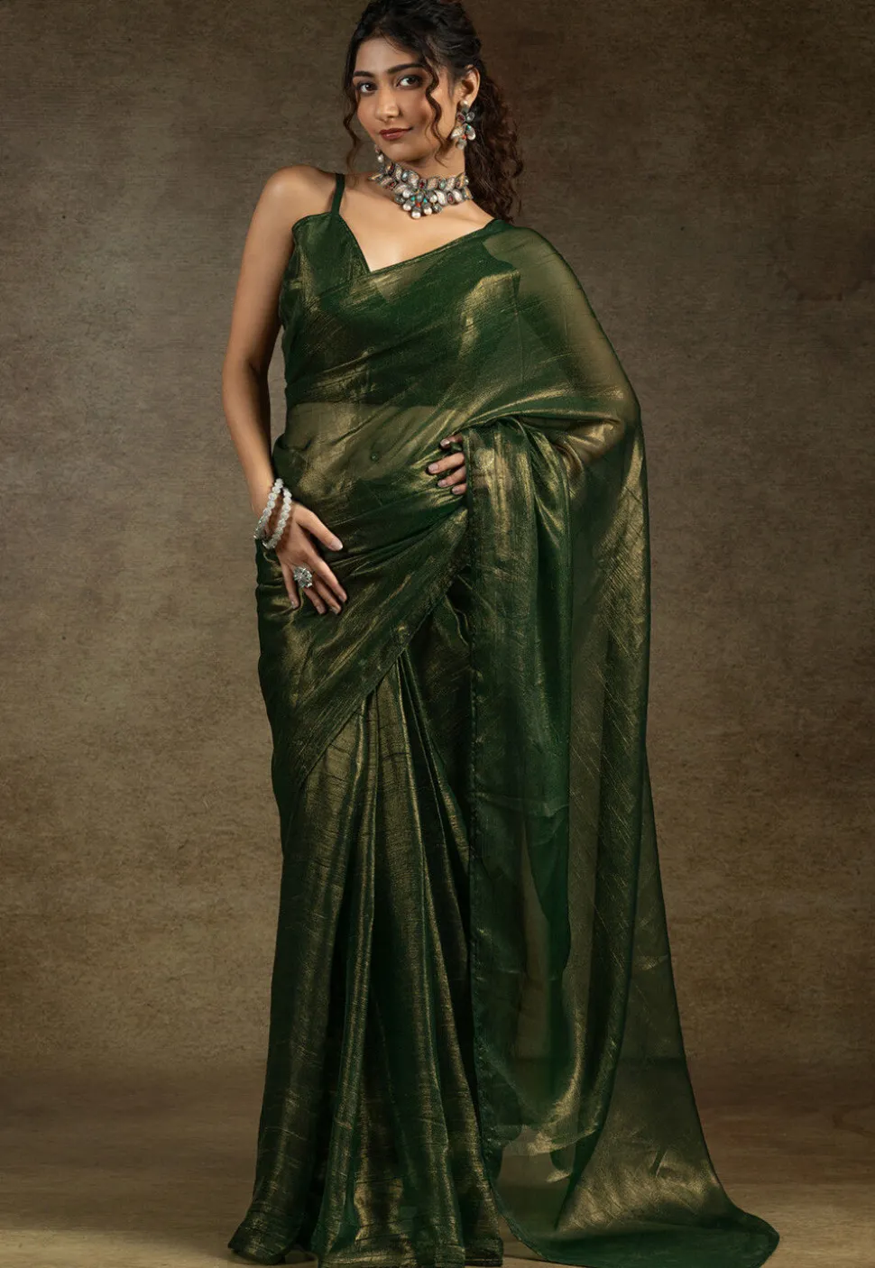 Pre Stitched Art Silk Saree in Olive Green