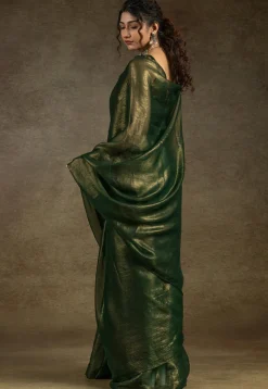 Pre Stitched Art Silk Saree in Olive Green