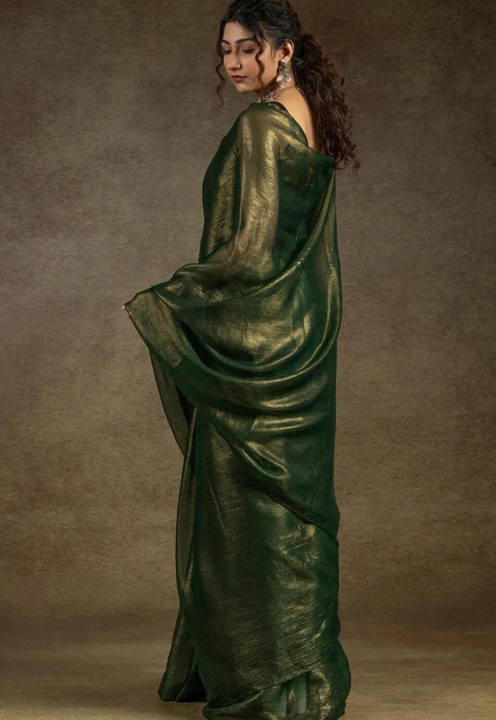 Pre Stitched Art Silk Saree in Olive Green