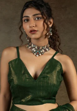 Pre Stitched Art Silk Saree in Olive Green