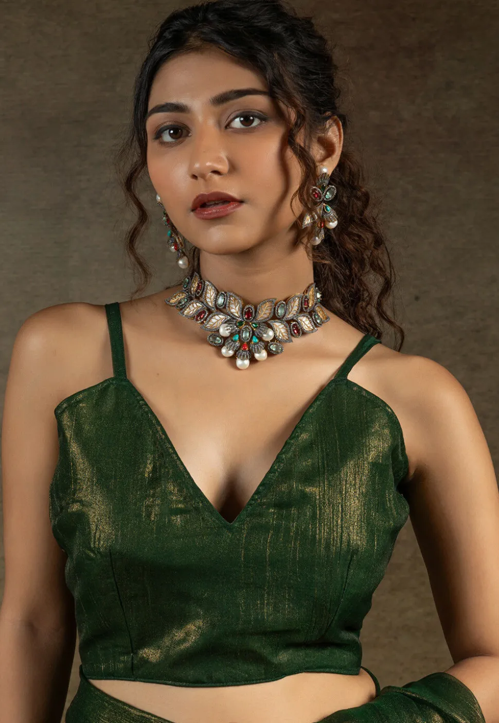 Pre Stitched Art Silk Saree in Olive Green