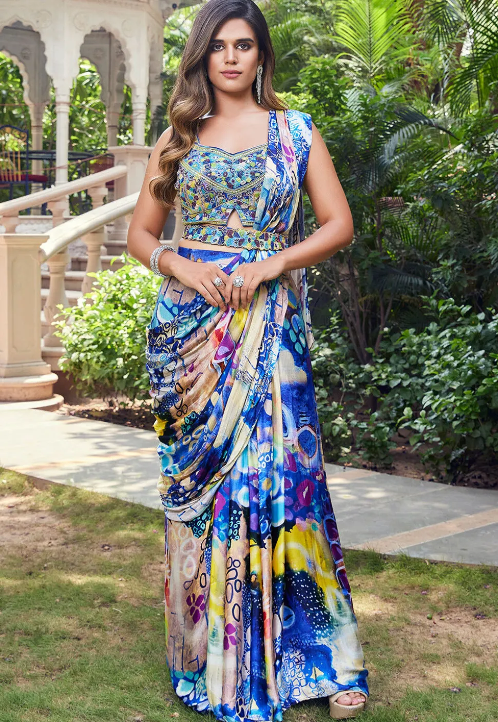 Pre Stitched Art Silk Saree in Blue and Multicolor