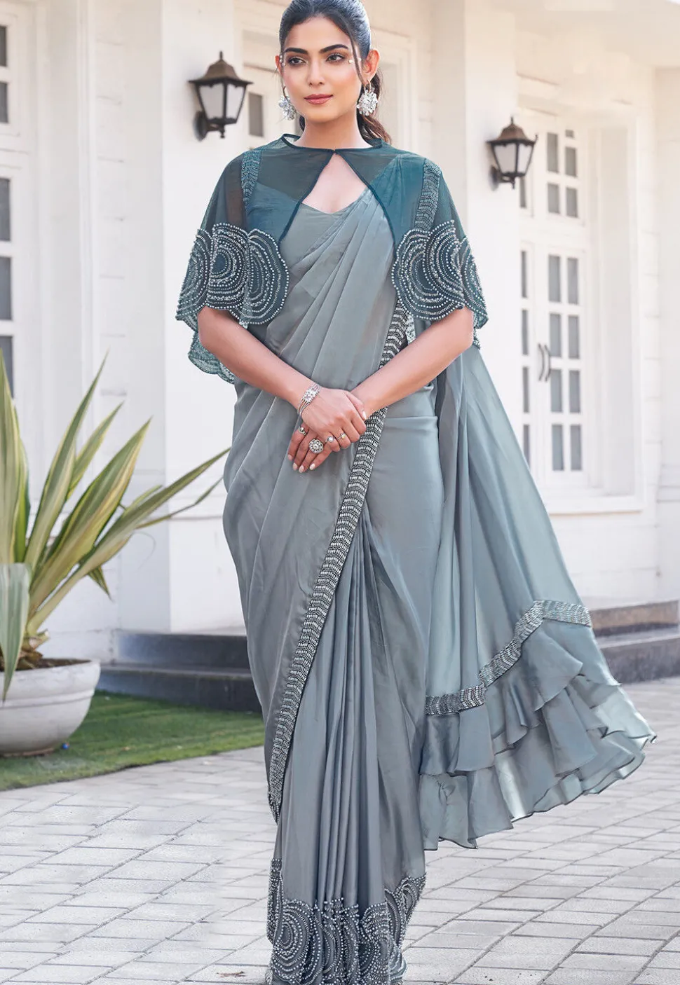 Pre Stitched Art Silk Saree in Grey