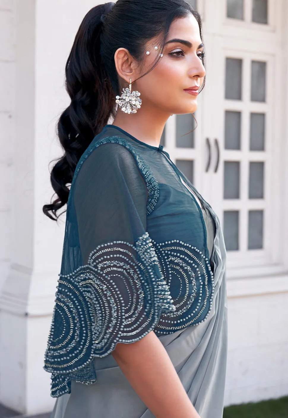 Pre Stitched Art Silk Saree in Grey