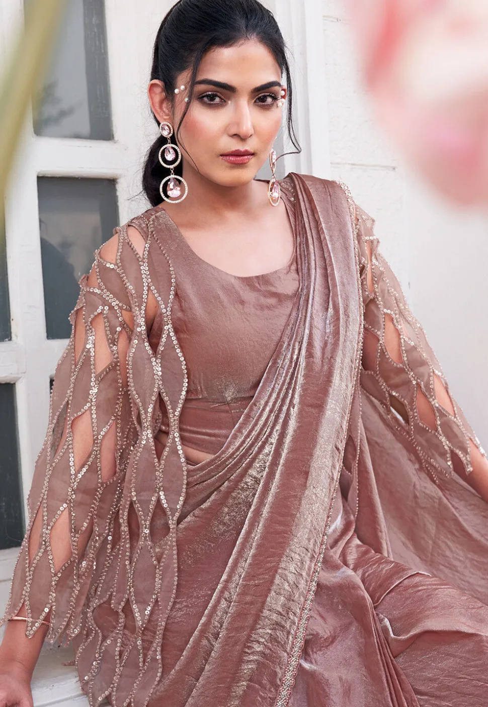 Pre Stitched Art Silk Saree in Old Rose