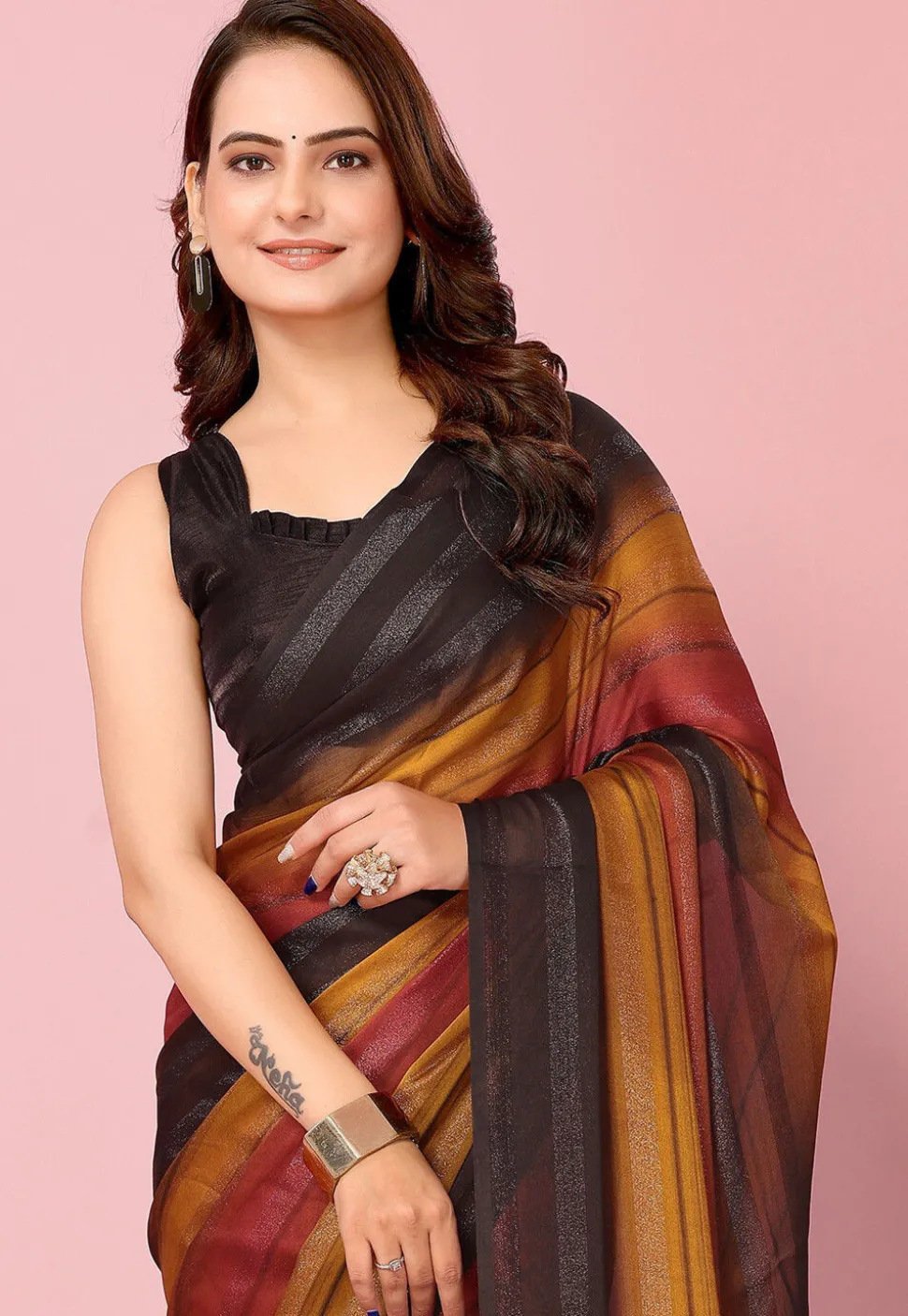 Pre Stitched Art Silk Saree in Multicolor
