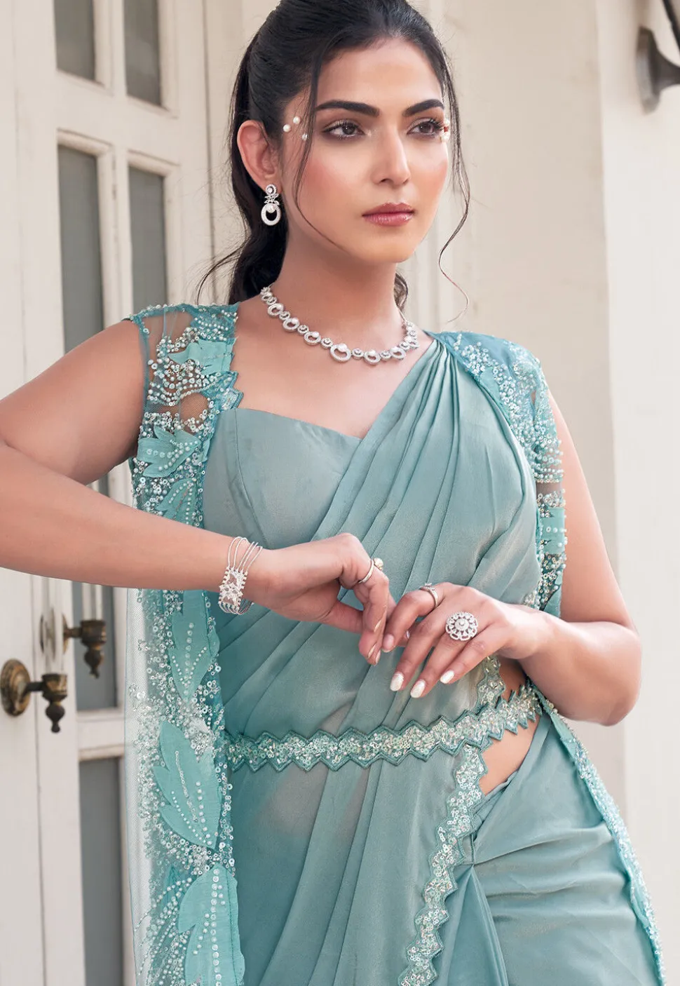 Pre Stitched Art Silk Saree in Blue
