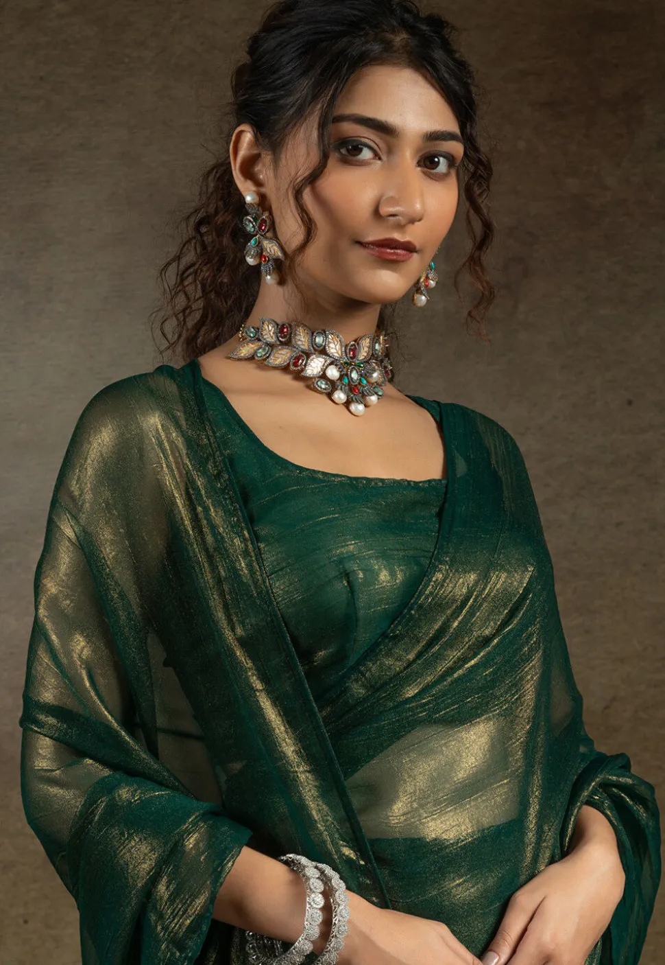 Pre Stitched Art Silk Saree in Dark Green