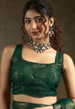 Pre Stitched Art Silk Saree in Dark Green