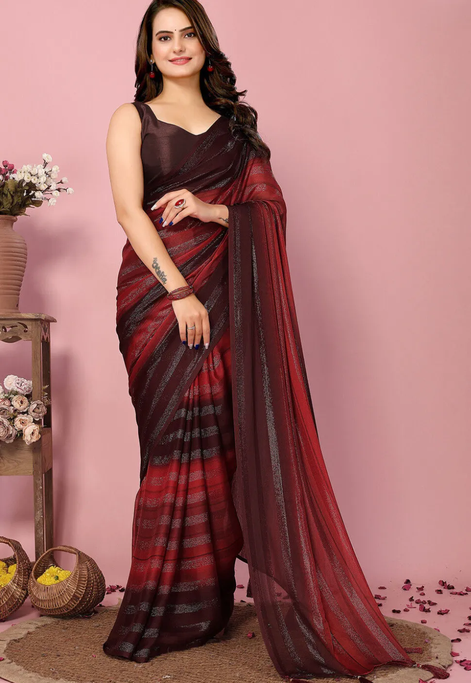 Pre Stitched Art Silk Saree in Maroon