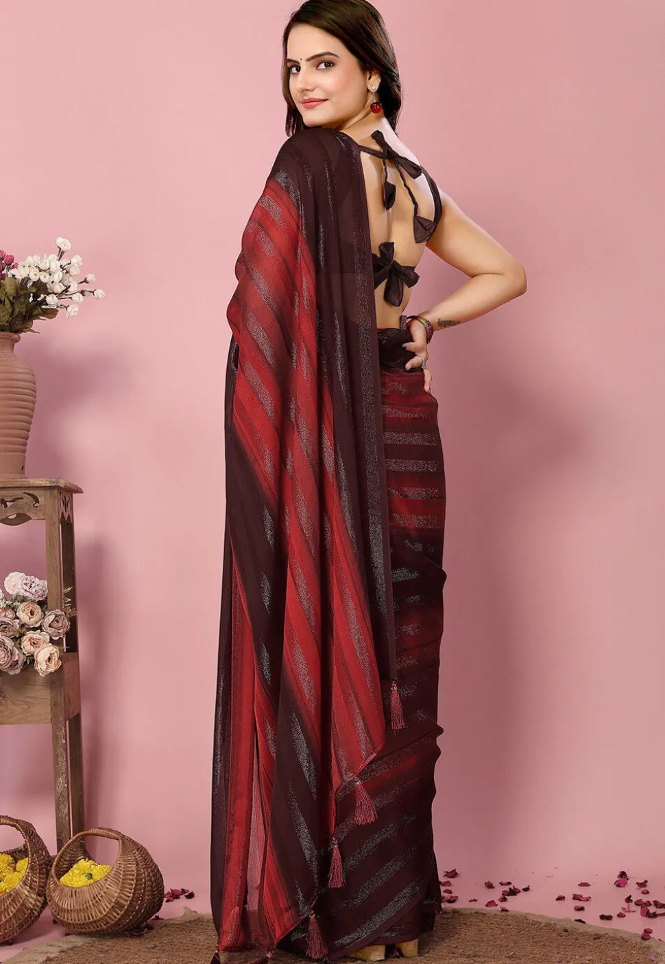 Pre Stitched Art Silk Saree in Maroon