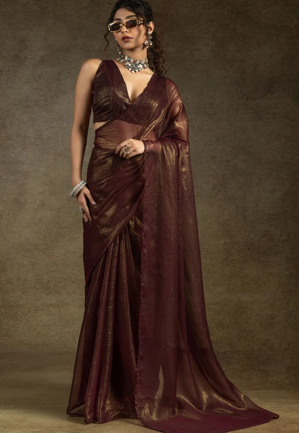 Pre Stitched Art Silk Saree in Brown