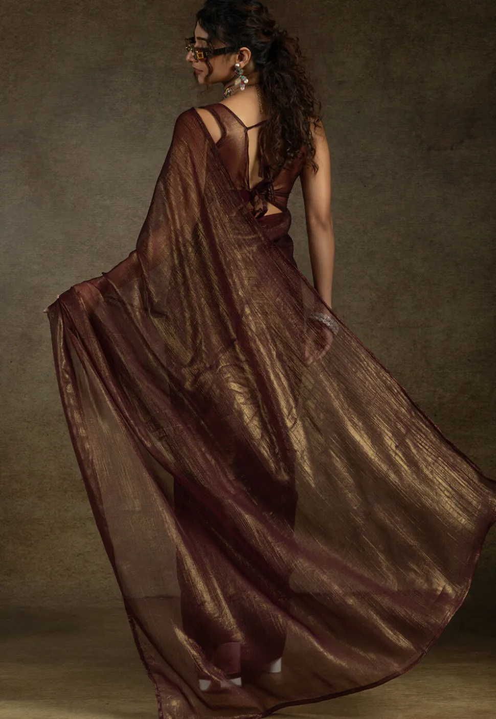 Pre Stitched Art Silk Saree in Brown
